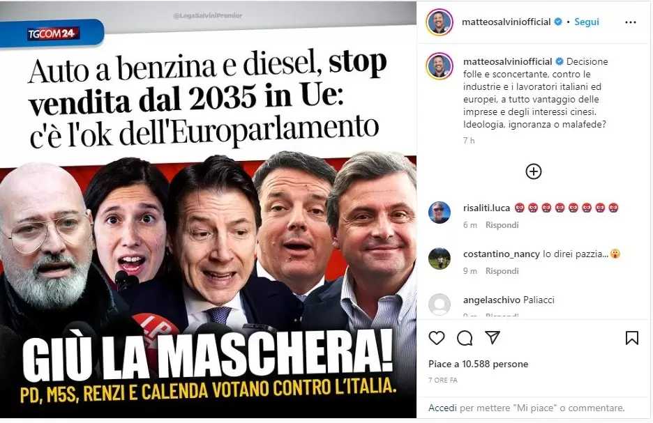2035 Stop auto a benzina, il post di Salvini