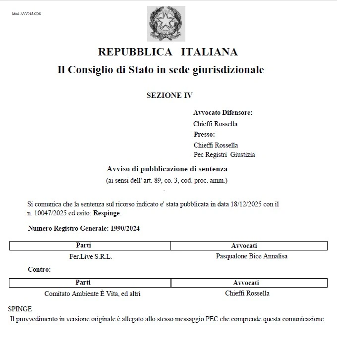 Fer.Live Consiglio di Stato sentenza